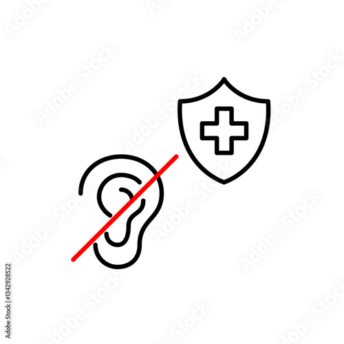 Ear crossed and health insurance shield with cross. Hearing loss treatment by audiologist or otolaryngologist. Pixel perfect, editable stroke vector icon