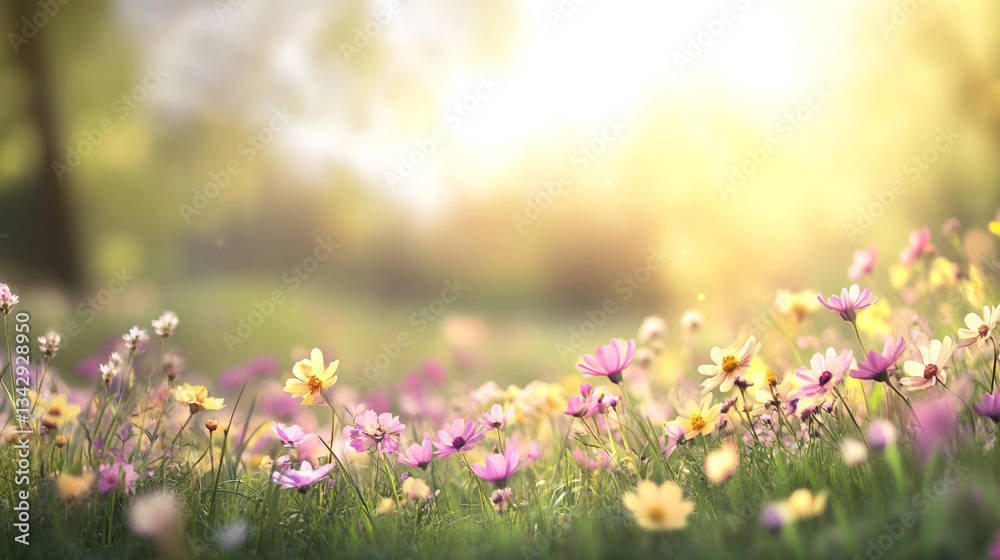 Fototapeta premium Beautiful nature at morning in the flower garden, spring meadow with wildflowers scattered across the soft grass and flowers with bokeh effect, nature background. Serene fog, wildflower parade.