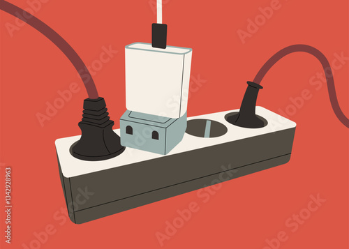 A power strip overloaded with plugs and chargers on a red background