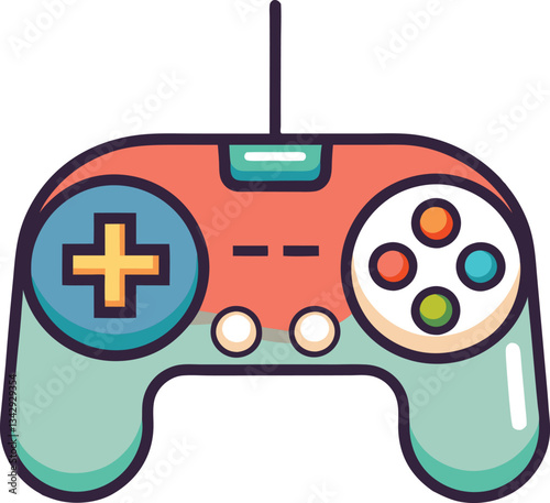 Stylized game controller with colorful buttons, A vibrant and playful illustration of a wired game controller featuring colorful buttons, perfect for gaming visuals and designs.
