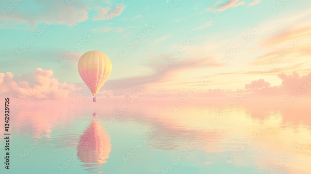 Obraz premium Calm sunset hot air balloon sea reflection