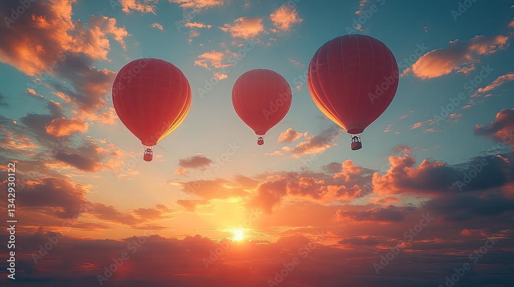 Fototapeta premium At sunset, dramatic clouds serve as a backdrop to balloons rising, creating a cinematic moment that evokes feelings of celebration and joy.
