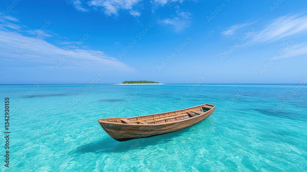 Naklejka premium small wooden fishing boat anchored in clear turquoise water, serene and peaceful