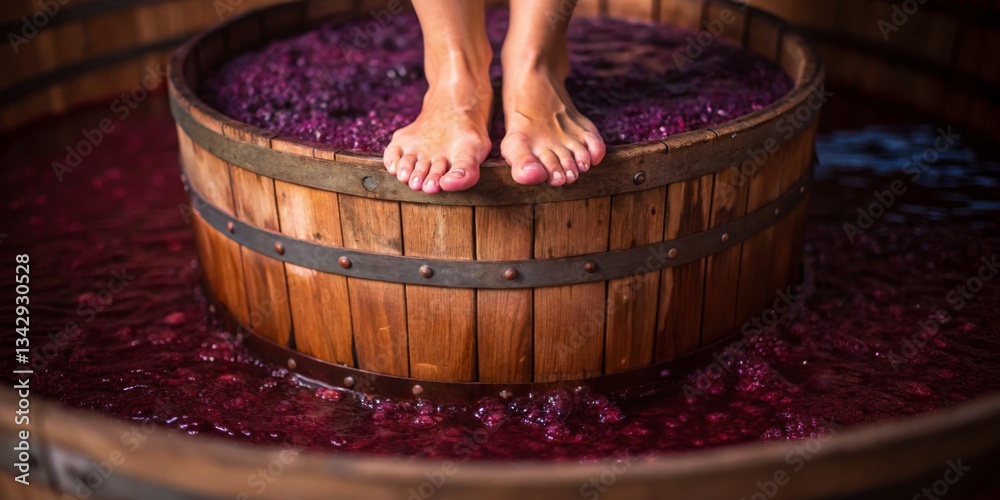 Feet stomping grapes in a traditional wooden barrel during harvest season