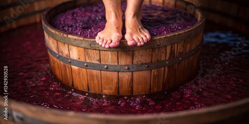 Obraz na płótnie Feet stomping grapes in a traditional wooden barrel during harvest season w salonie