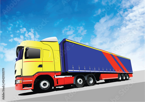 009-09-Yellow and red truck cabin with blue container is climbing a hill. Hand drawn illustration