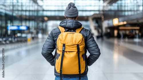 solo traveler with yellow backpack stands in airport terminal, ready for adventure