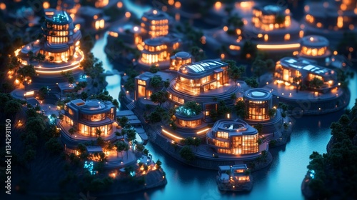 digital 3d isometric illustration of an illuminated futuristic eco-smart community