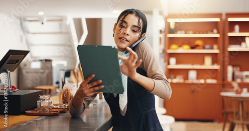 Fotografie Tablet, phone call and update with woman in cafe for inventory checklist, restaurant stock and small business