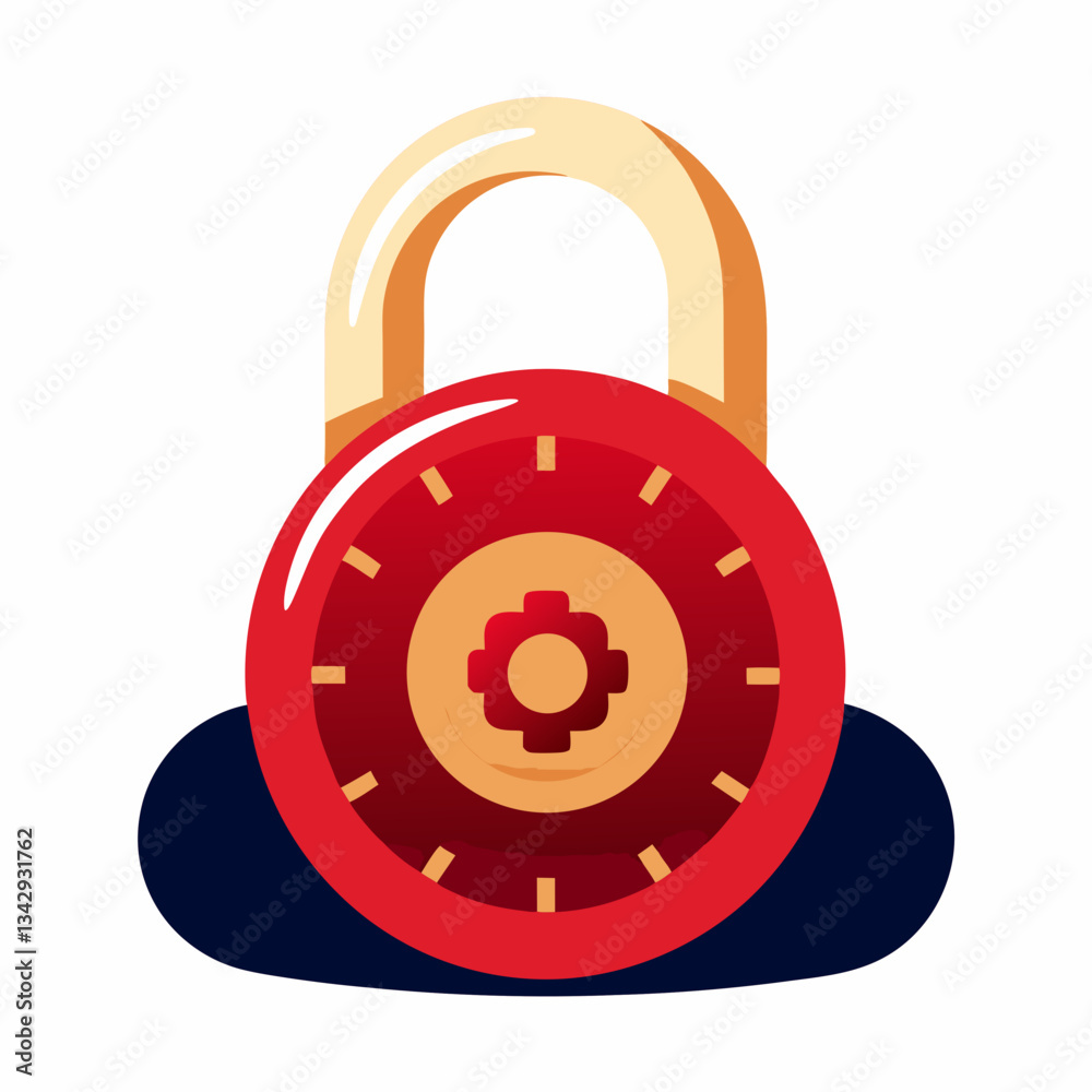 Secure padlock icon with gear design in red and beige Secure padlock icon with gear design in red and beige