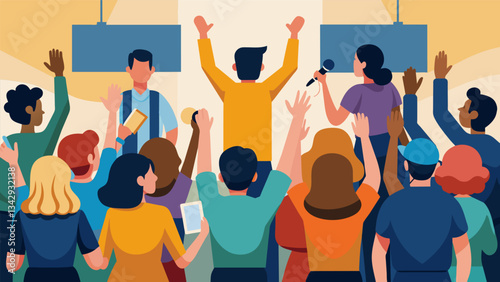 The room was filled with a sense of community and support as each poet received enthusiastic snaps and cheers from the audience.. Vector illustration