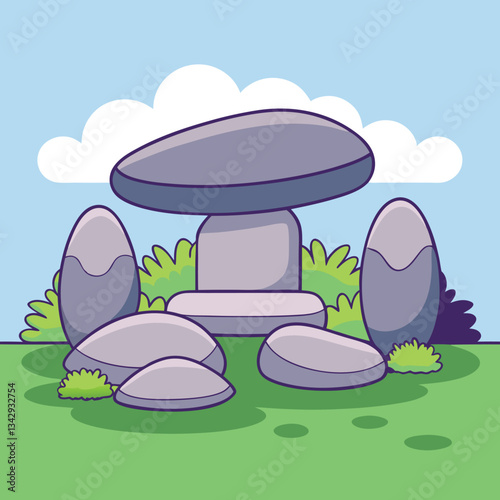 Stone Formation in a Garden Vector Illustration, A vector illustration of a stone formation in a serene garden, surrounded by grass and green shrubs under a blue sky.
