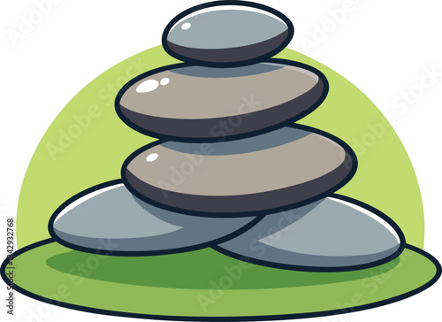 Zen Stone Stack in a Garden Vector Illustration, A vector illustration of a balanced stack of stones on green grass, creating a calm and serene garden scene.
