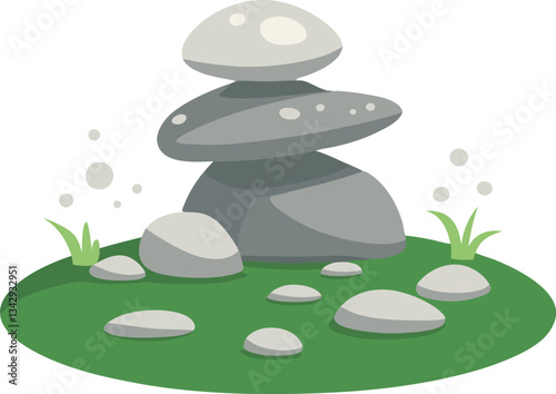 Stacked Stones in a Garden Vector Illustration, A peaceful vector illustration of stacked stones surrounded by small rocks and green grass, creating a calm garden scene.
