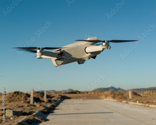 Side view of a drone in flight, with a blue sky in the background
