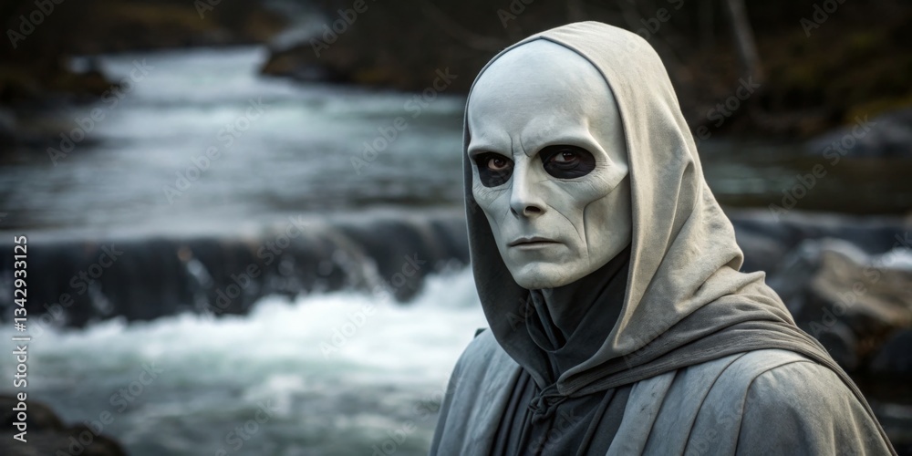 Mysterious figure in a gray cloak stands by a flowing river under overcast skies in a forested landscape