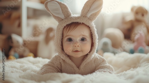Adorable Baby in Bunny Costume Surrounded by Soft Toys and Blankets