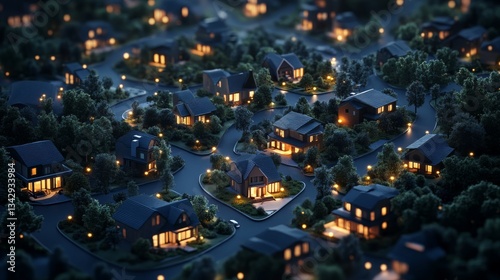 digital 3d isometric illustration of an illuminated modern eco-smart neighborhood