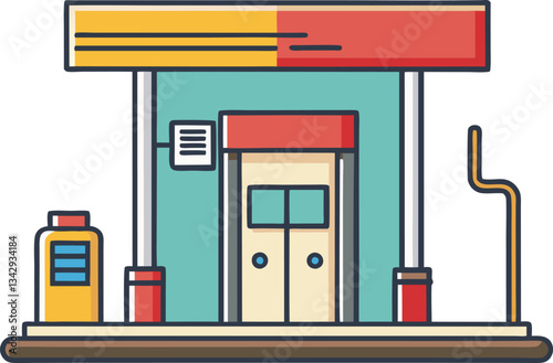 Gas Station Vector Illustration, A colorful vector illustration of a gas station with a fuel pump, bright roof, and detailed design.
