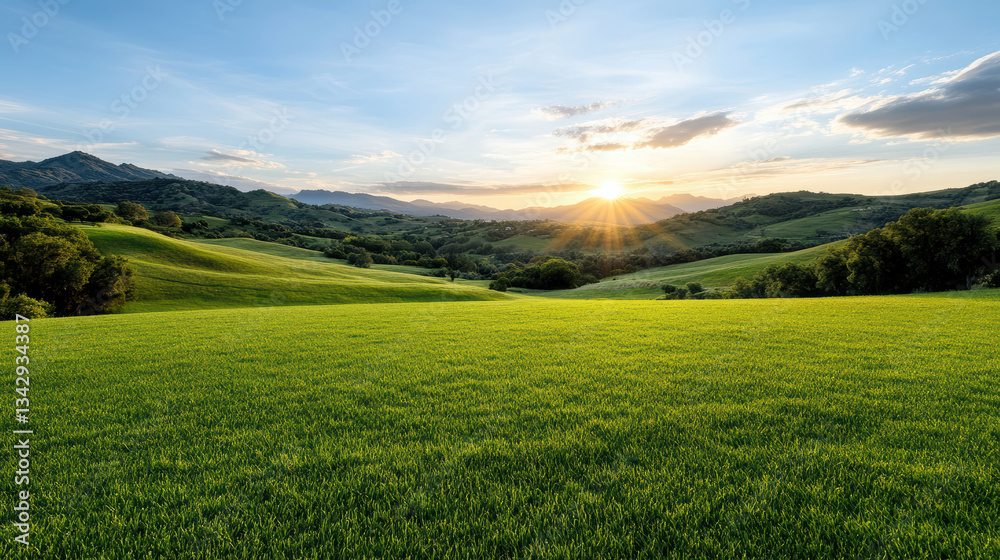 Obraz premium tranquil sunset over rolling hills, perfect for relaxation and reflection