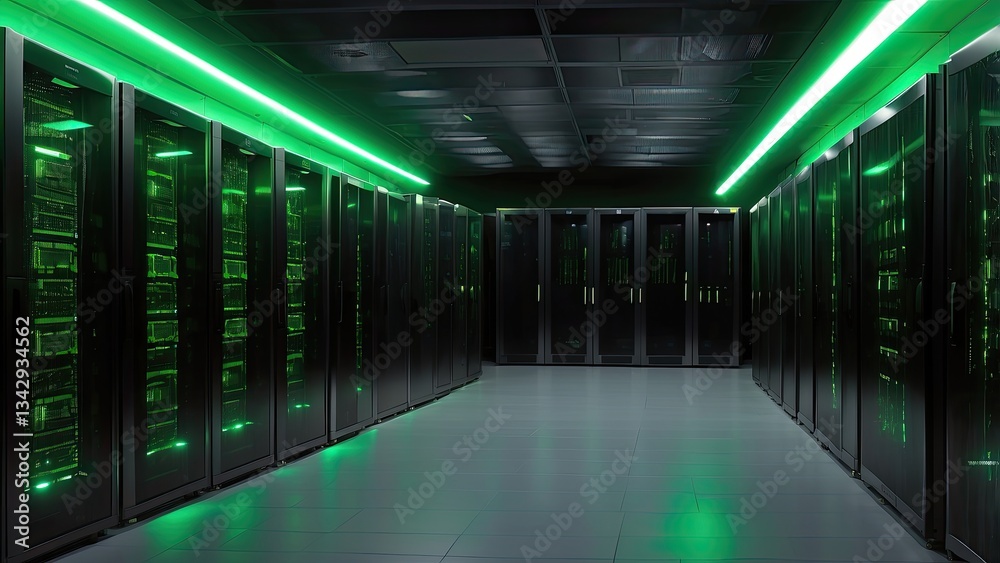 Fototapeta premium A dimly lit data center corridor lined with tall server racks,