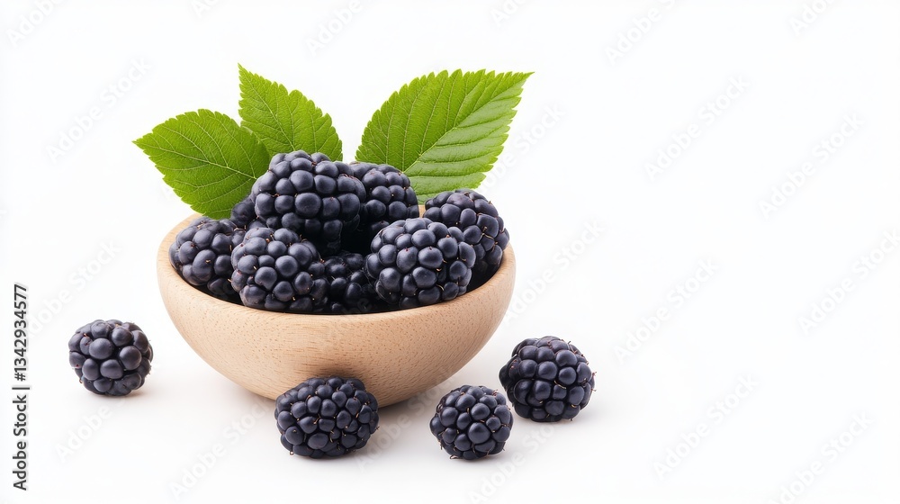 Fresh blackberries in a wooden bowl with green leaves Fresh blackberries in a wooden bowl with green leaves