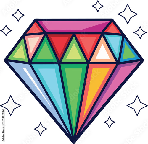 Bright Multicolor Diamond with Sparkles Vector Illustration, A colorful vector illustration of a sparkling diamond with vibrant multicolored facets and glowing stars around it.
