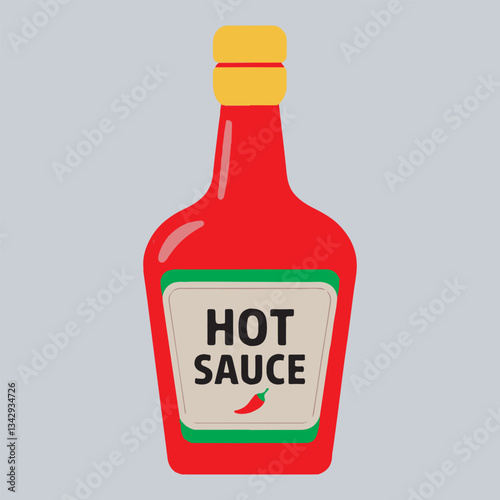 Hot Sauce Bottle Vector Illustration,Spicy Sauce Bottle Flat Design,Red Hot Sauce Bottle with Label,Chili Sauce Bottle Cartoon Style,Classic Hot Sauce Bottle Icon