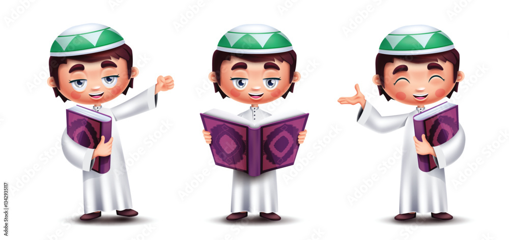 Arab kids characters vector set design. Saudi boy character reading and holding quran book wearing traditional clothing collection in white background. Vector Illustration.
Arab kids characters vector set design. Saudi boy character reading and holding quran book wearing traditional clothing collection in white background. Vector Illustration.