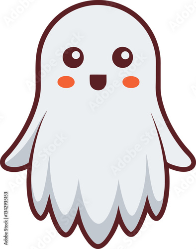 Cute Ghost Character Vector Illustration, A joyful vector illustration of a cute ghost with rosy cheeks, big eyes, and a smiling face.
