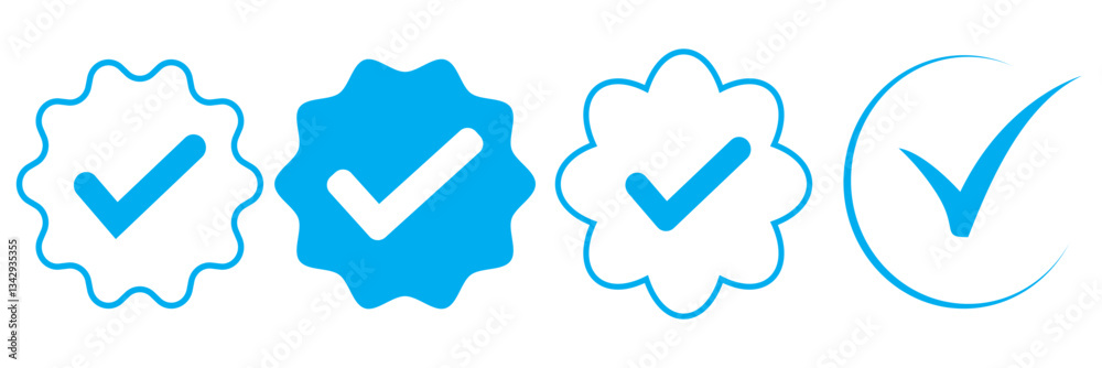 Blue Tick mark icon. Approved, verified and protected icons. Guarantee, approval, acceptance and quality vector badges. Isolated vector.