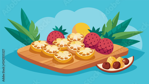 A tropical holiday board featuring pineappleshaped cheese coconutcovered truffles and cranberry pomegranate salsa.. Vector illustration