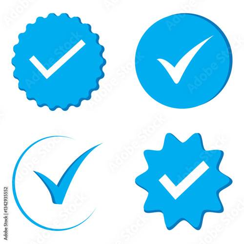 Blue Tick mark icon. Approved, verified and protected icons. Guarantee, approval, acceptance and quality vector badges. Isolated vector.
