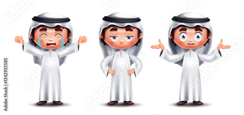 Arab saudi boy characters vector set design. Saudi little cute kids collection wearing thobe and ghutra clothing in white background. Vector illustration. 
