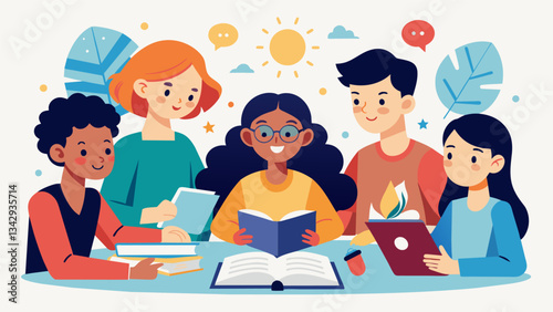 Students from different grade levels team up in a peer learning workshop on writing sharing their knowledge and passion for storytelling. As they read and critique each others. Vector illustration