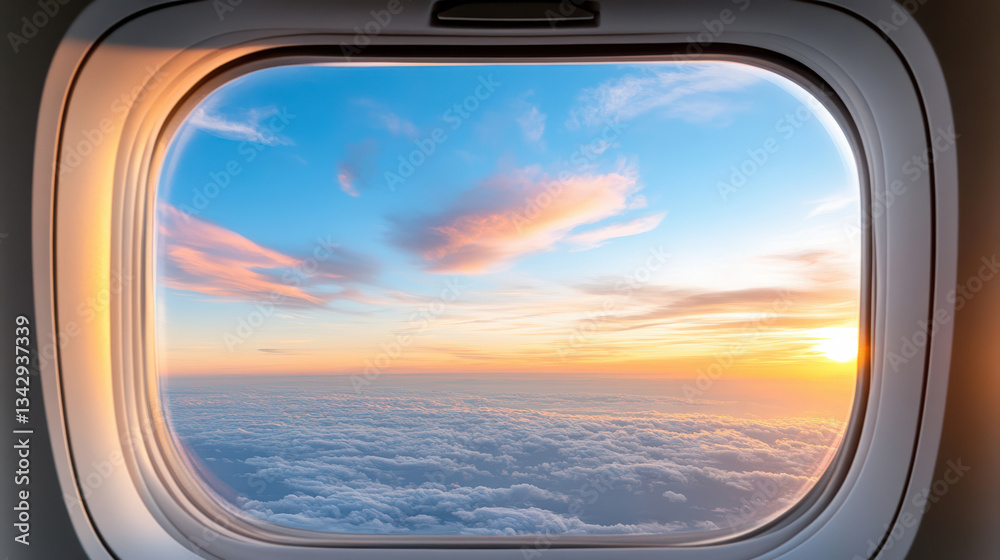 Naklejka premium beautiful sunset view from airplane window, showcasing colorful clouds and sky