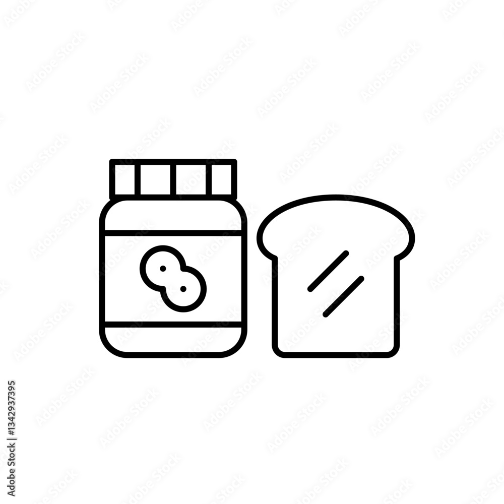 Jar of peanut butter and toast. Breakfast sandwich. Pixel perfect, editable stroke vector icon Jar of peanut butter and toast. Breakfast sandwich. Pixel perfect, editable stroke vector icon