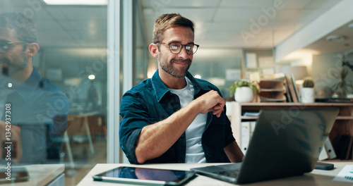 Businessman, thinking and laptop in office with night, overtime and writer at publishing agency. Proposal, journalist professional and deadline for news article, reporter and employee in workplace