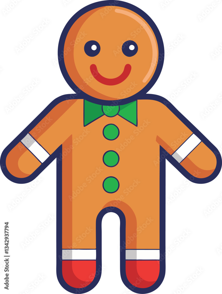 Obraz premium Smiling Gingerbread Man Vector Illustration, A cheerful vector illustration of a smiling gingerbread man with green and red icing details, perfect for Christmas and holiday designs. 