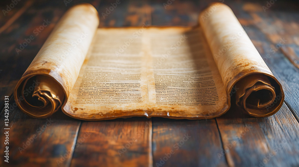 Opened unrolled scroll on a wood surface. The Torah, also known as the Pentateuch. Holy Bible. Judaism or Christian. With holy scriptures written on the cream old worn paper parchment Opened unrolled scroll on a wood surface. The Torah, also known as the Pentateuch. Holy Bible. Judaism or Christian. With holy scriptures written on the cream old worn paper parchment
