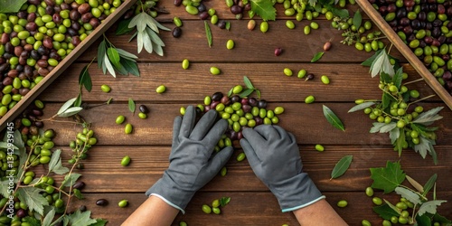 Obraz na płótnie Sorting olives during the harvest at a farm in the countryside, early autumn morning, hands in gloves carefully separating different varieties w salonie