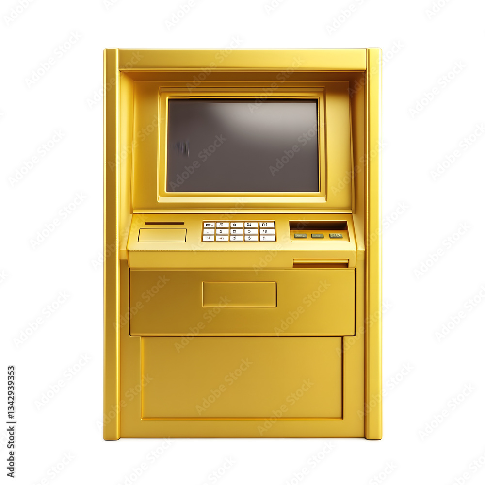 A modern golden colored ATM automated teller with a display screen keypad and various banking interface features isolated on a plain white background A modern golden colored ATM automated teller with a display screen keypad and various banking interface features isolated on a plain white background