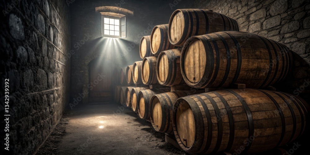 Stacked wooden barrels bathed in soft light inside an old stone cellar during atmospheric daylight hours