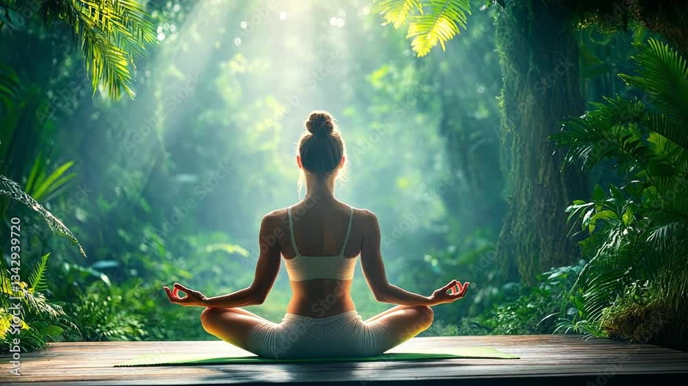 Serene woman meditating in a lush forest setting Serene woman meditating in a lush forest setting