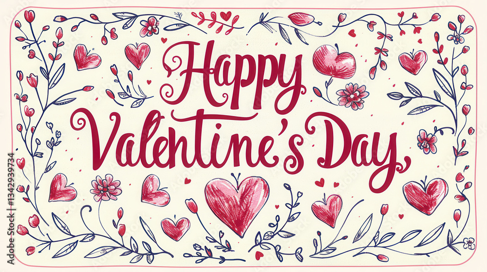 Happy Valentine Day greeting card design featuring decorative hearts, flowers, and intricate floral patterns. warm and cheerful colors evoke feelings of love and celebration