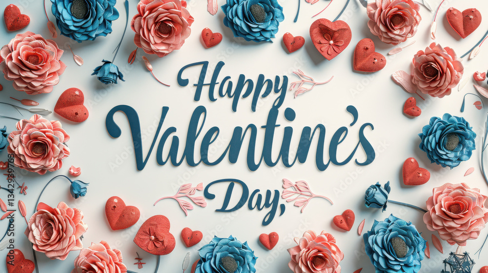 Happy Valentine Day is beautifully displayed among vibrant flowers and hearts, creating romantic and festive atmosphere perfect for celebrating love and affection