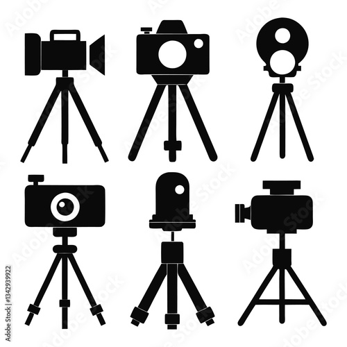 Camera on a tripod icons of silhouette black shape vector illustration isolated on white background