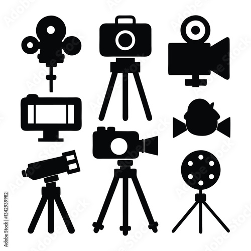 Camera on a tripod icons of silhouette black shape vector illustration isolated on white background