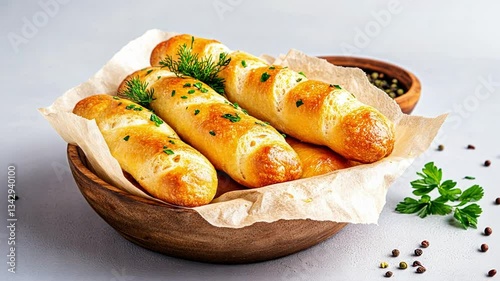 Freshly baked herb breadsticks in a wooden bowl