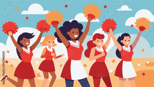 The cheerleaders led the crowd in chants and cheers their pompoms flying with each enthusiastic movement.. Vector illustration